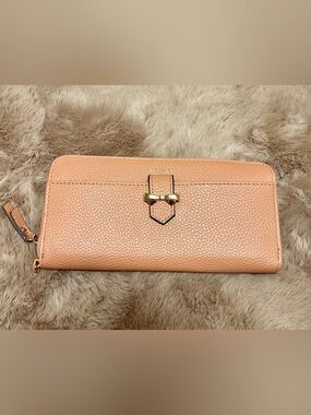 Coquette Cute Peach Pink Pebbled Leather Wallet with Gold Bow Hardware